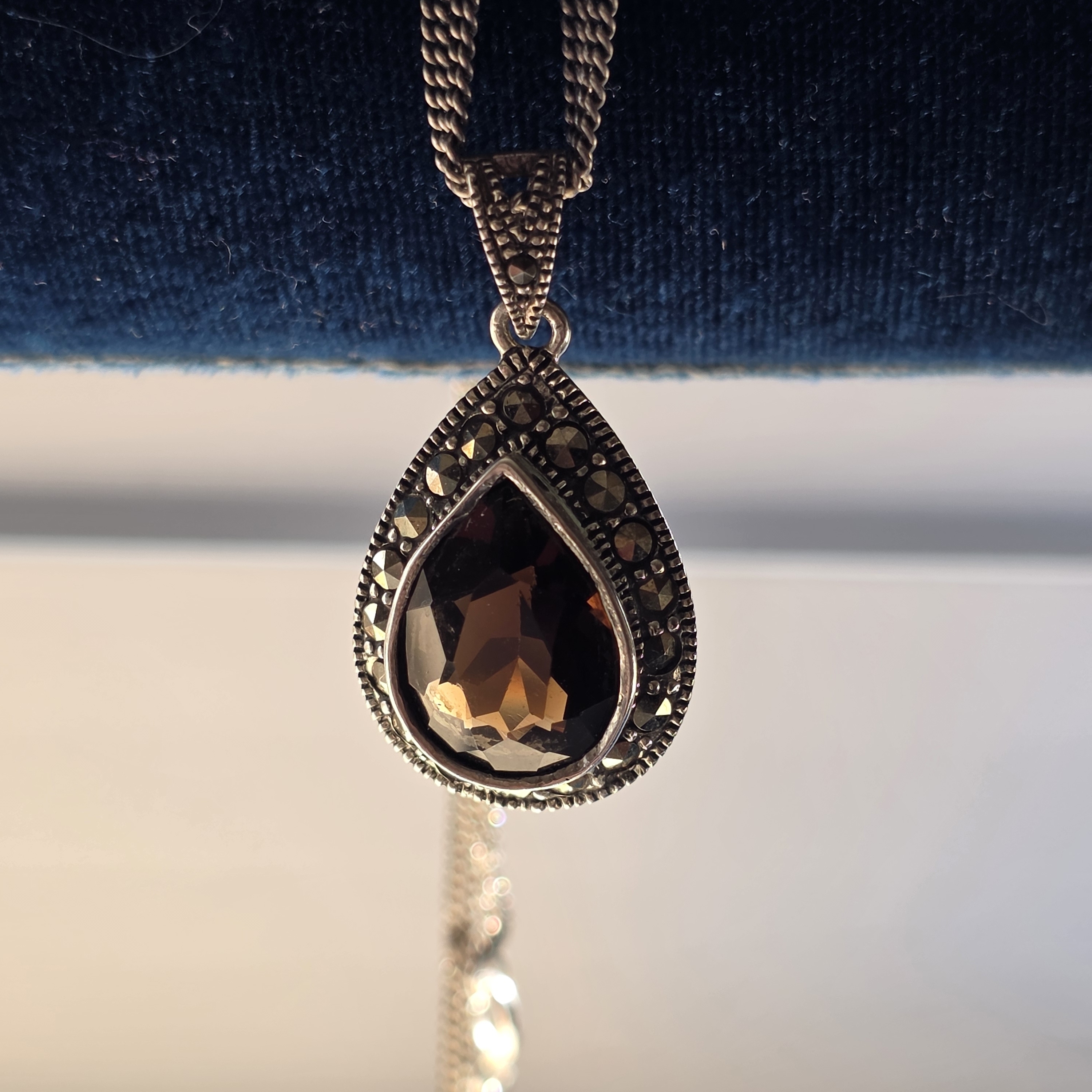 Vintage Ss Teardrop Marcasite And Smoke A Topaz Necklace.